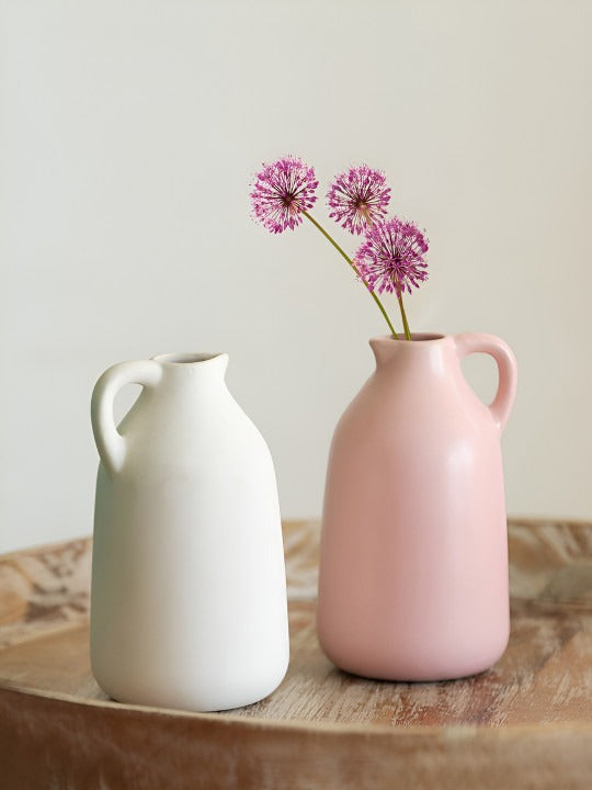 Minimal Ceramic Jug Vase Set – White & Blush Pink Decorative Flower Vases